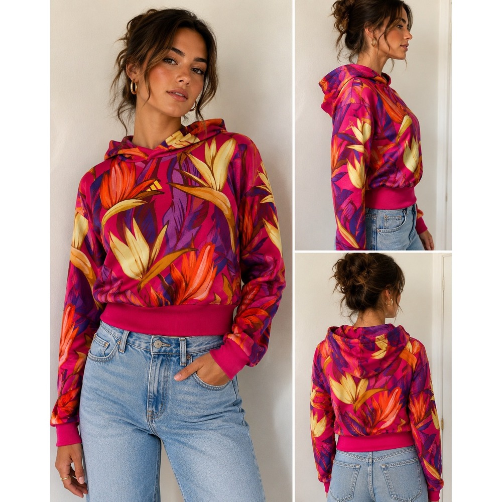 Adidas Farm Rio Hoodie Women Medium Tropical Bird of Paradise Cropped Pink
